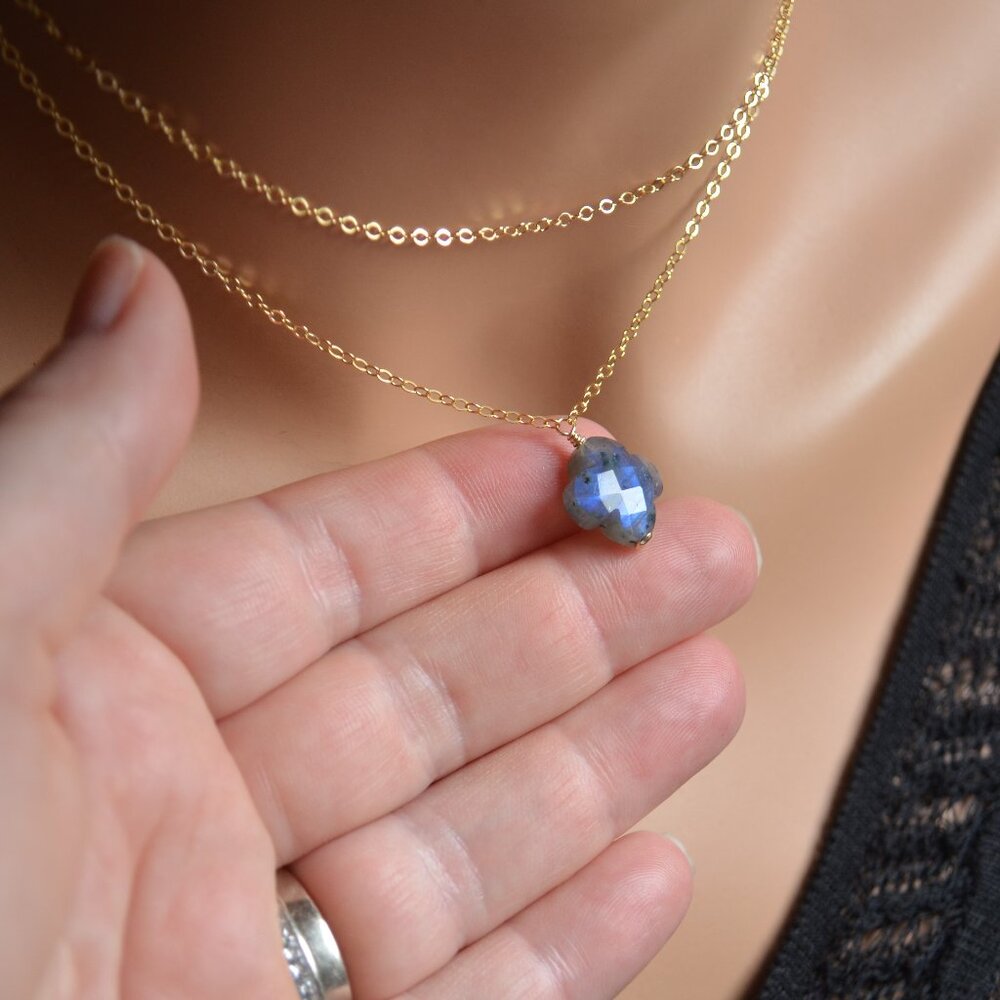 Labradorite Clover Necklace with Double Gold Chain - Handmade